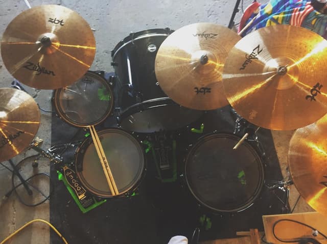 ddrum kit (Black), SJC Snare, Zildjian Cymbals, DW Hardware, Vic Firth 7A Sticks